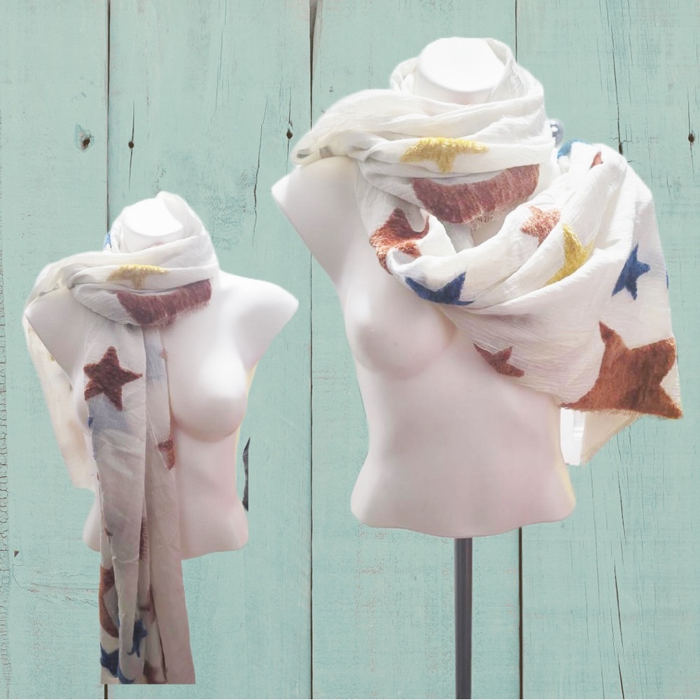 Madewell Furry Blue/Brown/Gold Stars and Crescent Moons on a Cream Scarf/Shawl